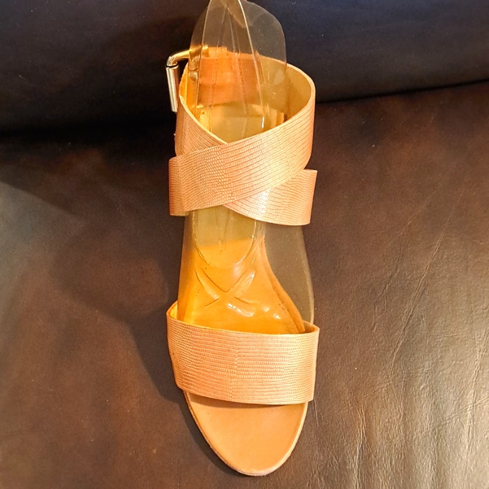 Agl Nude Patent Leather Lizard Embossed Ankle Wrap Wedge Sandal. 8.5 size